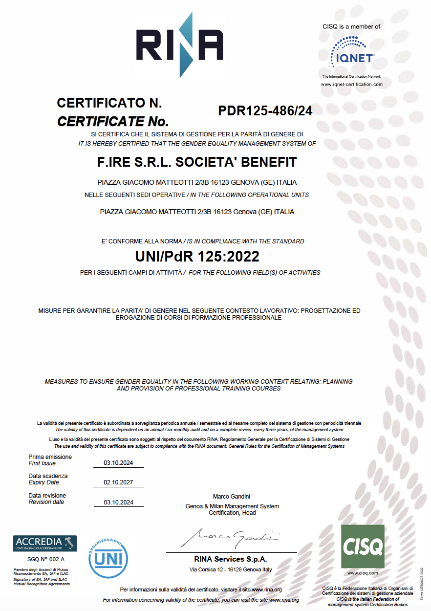 Parità di Genere_Certificato Certificato ISO 9001_F.IRE
